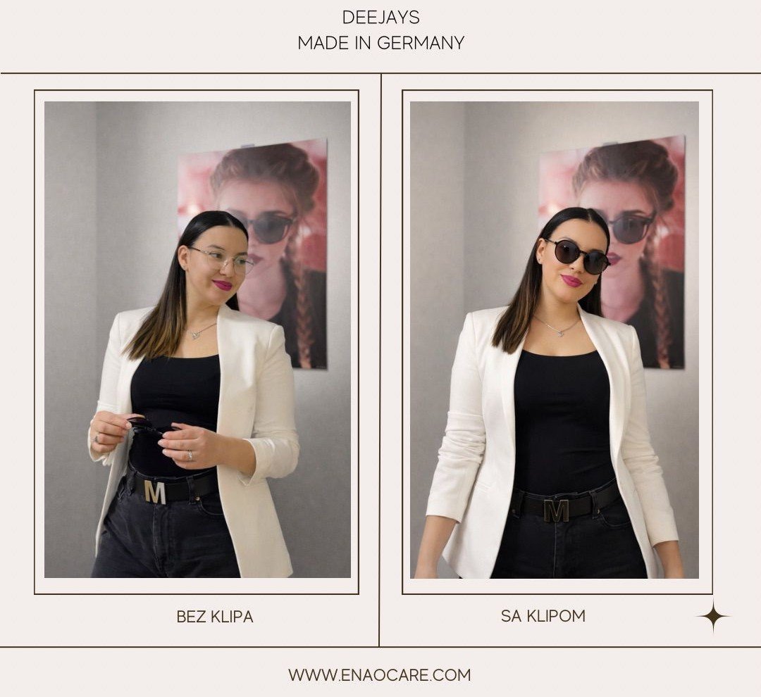 Ženska osoba nosi clip on naočare- primer izbora naočara prema obliku lica.